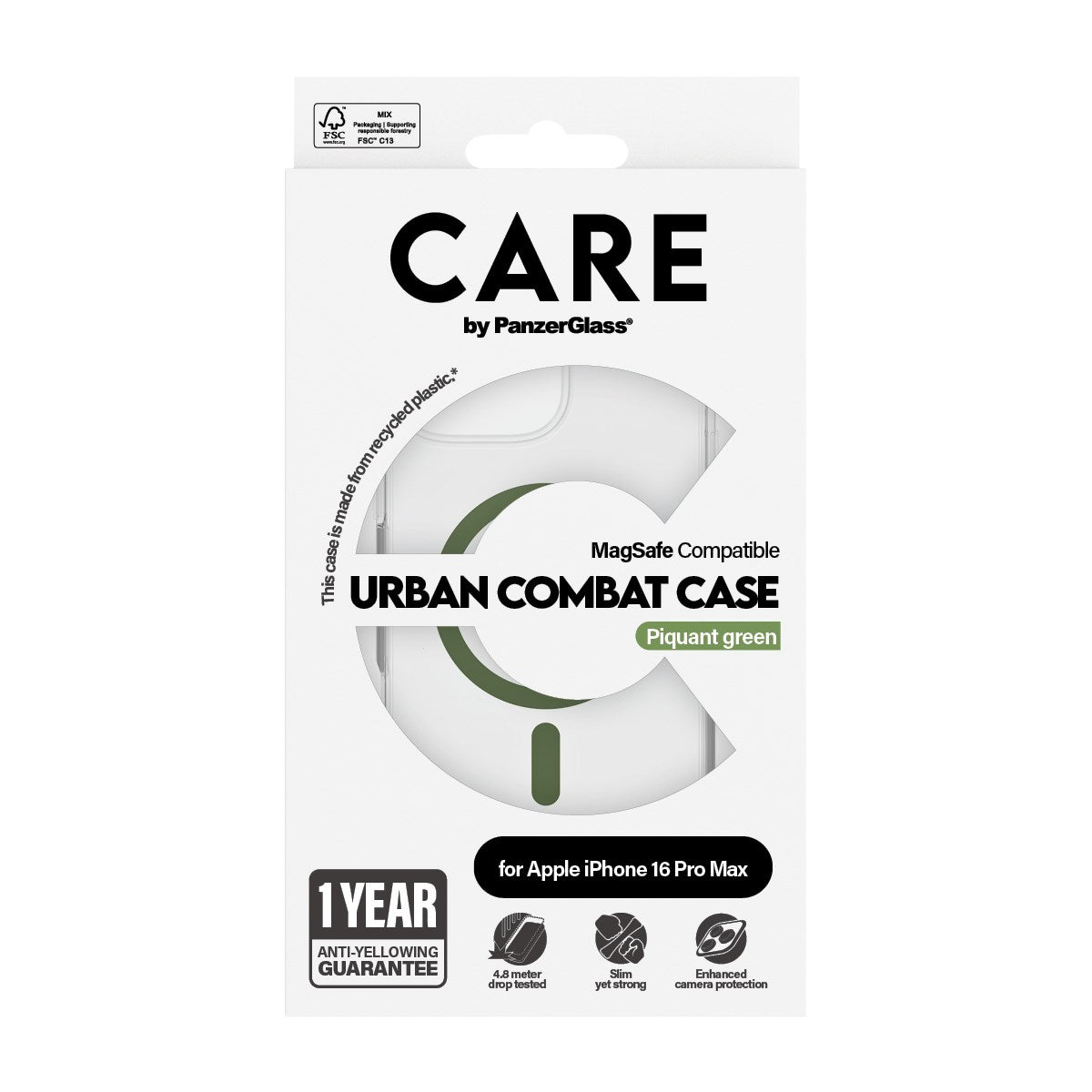 CARE by PanzerGlass® Flagship Case Transparent Urban Combat w. Green MagSafe iPhone 16 Pro Max
